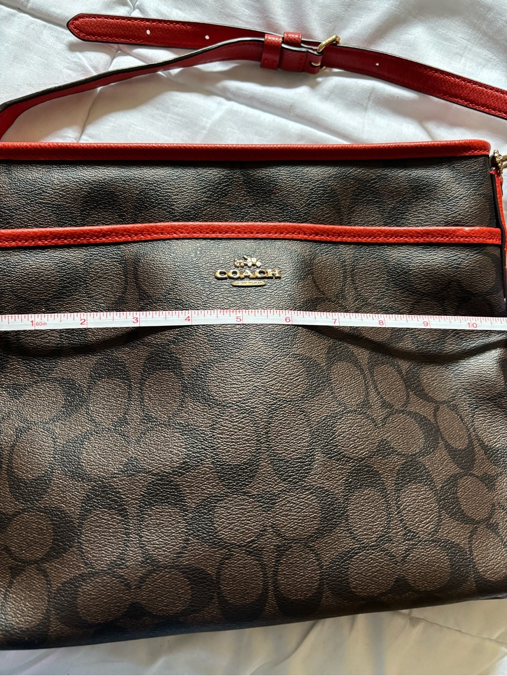Coach Dark Brown Signature Canvas Shoulder Bag with Dark Orange Trim - Picture 8 of 16